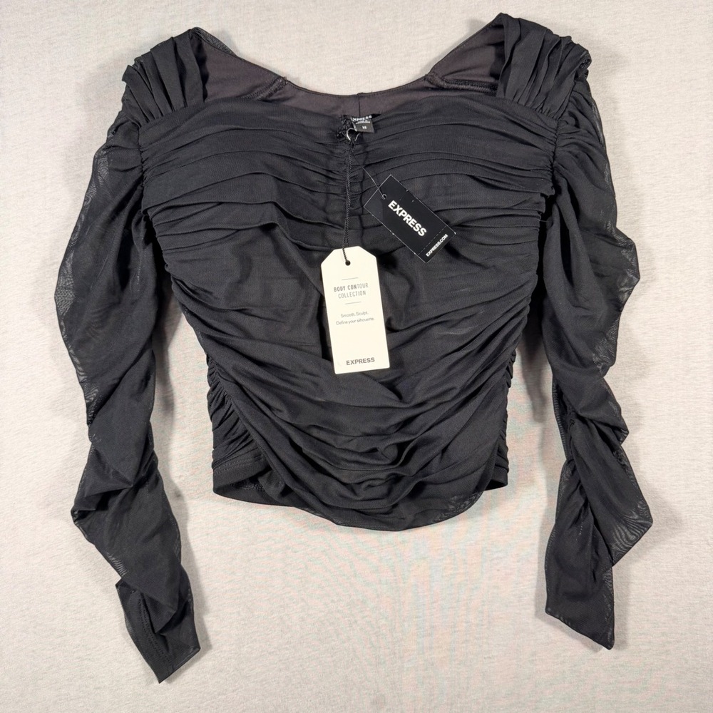 Express Body Contour Ruched Mesh Sweetheart Neck Top Black XS 09619743